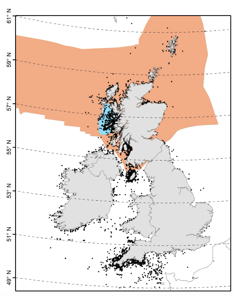 Map showing locations of basking shark sightings records included in analysis. 