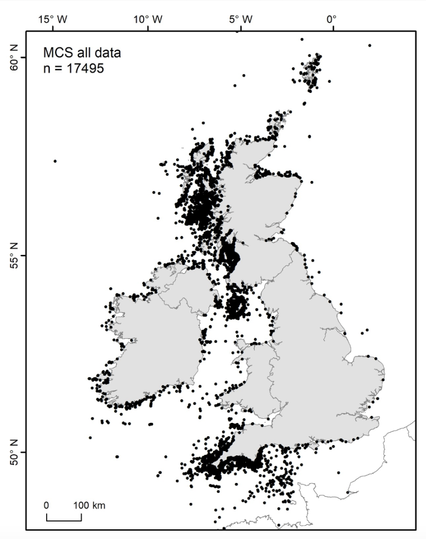 Map showing locations of all Marine Conservation Society basking shark sightings records. 