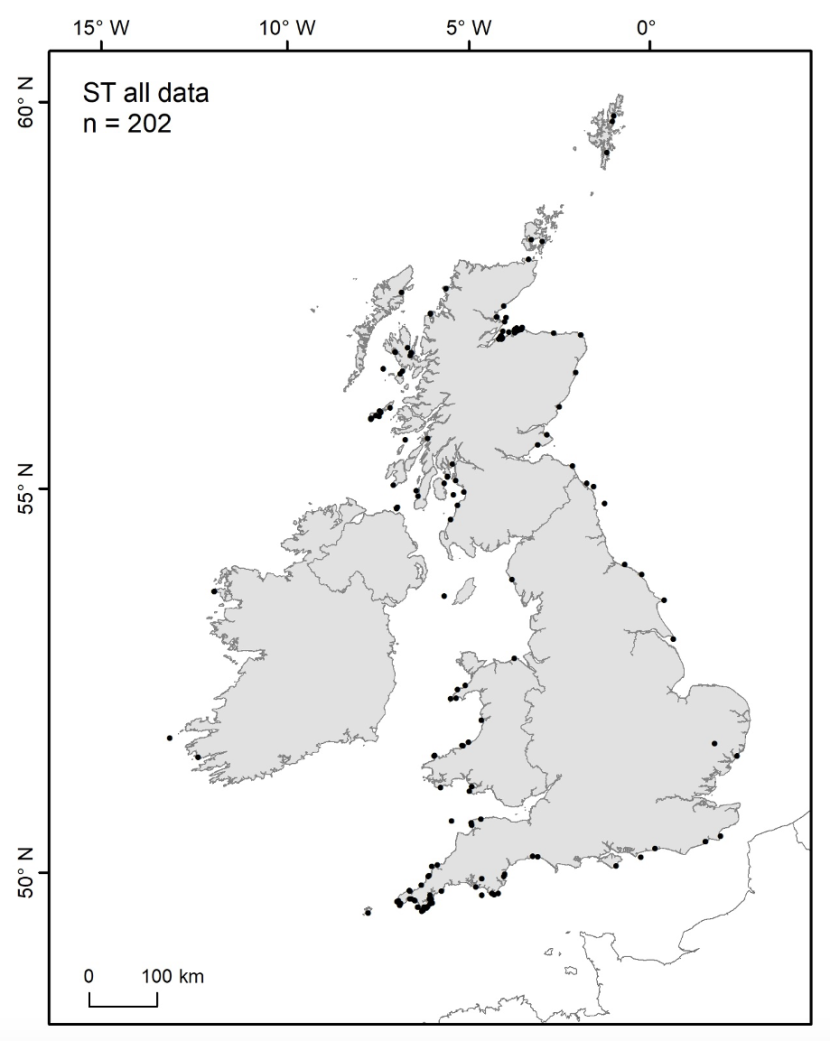 Map showing locations of all Shark Trust basking shark sightings records. 