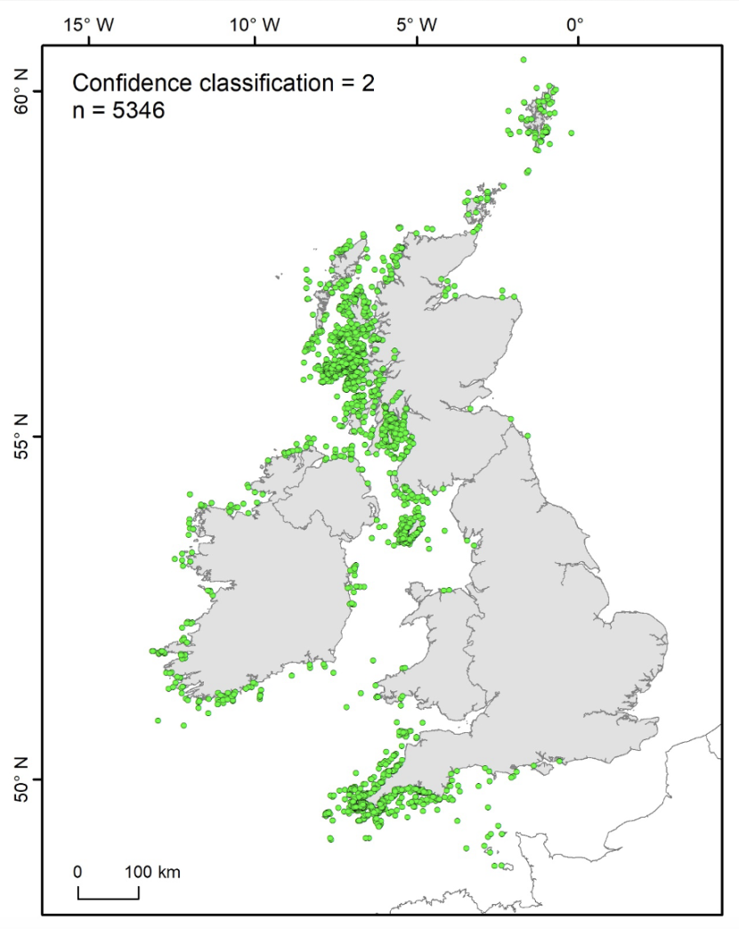 Map showing locations of basking shark sightings records with spatial validation confidence classification 2.