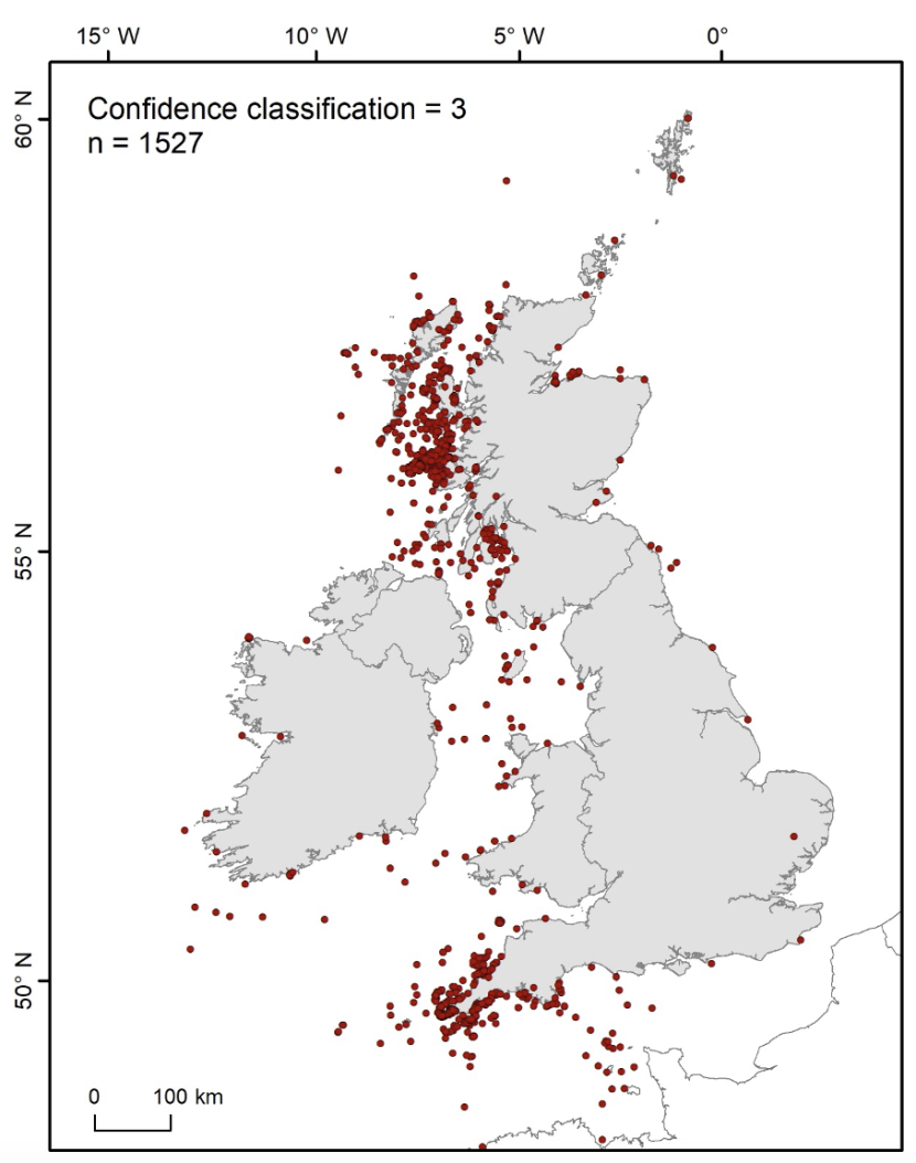 Map showing locations of basking shark sightings records with spatial validation confidence classification 3.