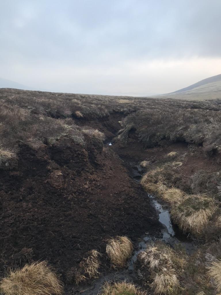 Deep sided gully of bare peat