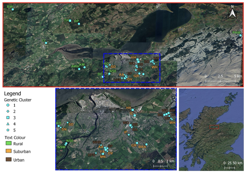Map of ponds with common frog populations in and around Inverness.