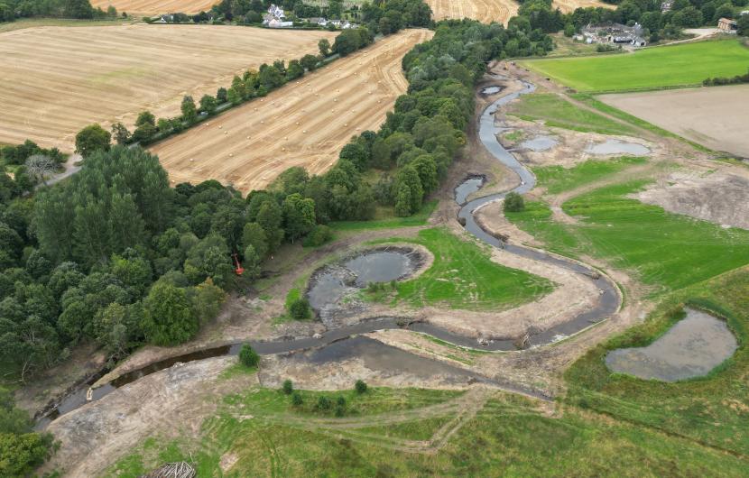 Aerial image of the River Peffery after remeandering work was carried out.