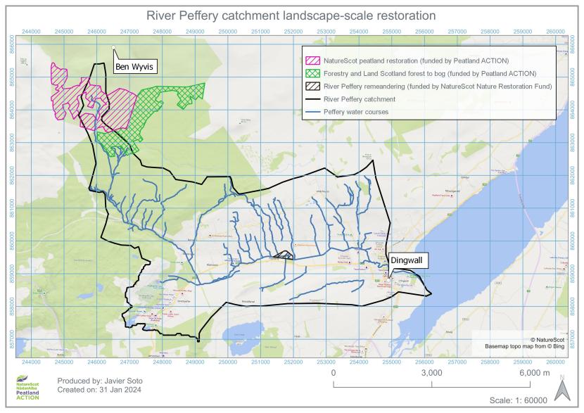 Map showing the River Peffery catchment boundary and the different funding streams involved in restoration projects within the catchment.