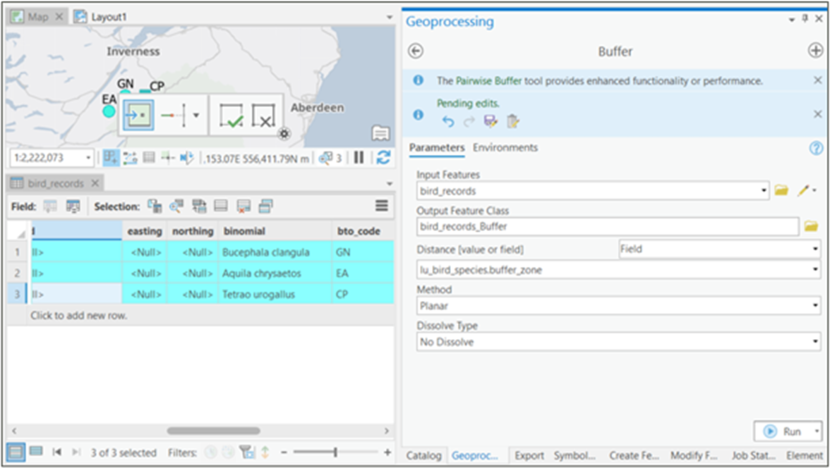 Figure 2 - Screenshot of&nbsp;Default buffer tool in Peatland ACTION species survey ArcGIS Pro. Use as distance value the field "buffer zone".&nbsp;