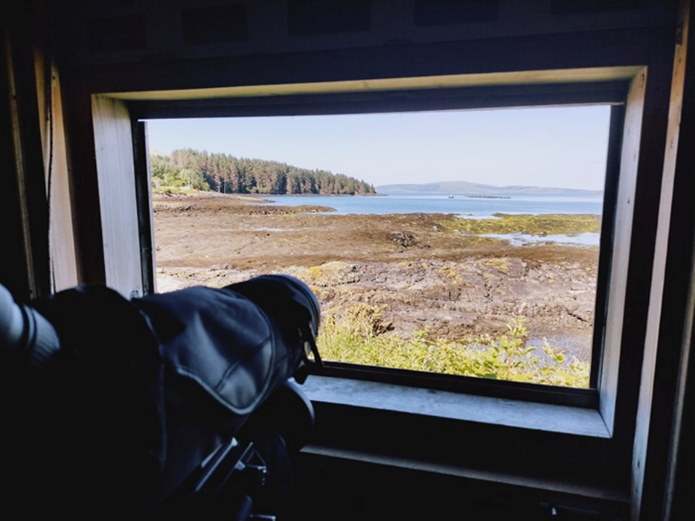 A telescope pointing out of teh window of a bird hide, overlooking the water.
