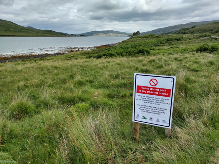Sign on a grassy embankment.