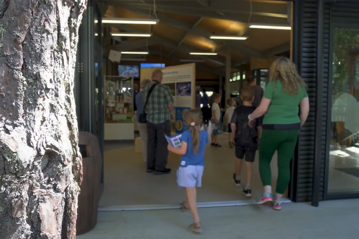 Adults and children entering a visitor centre, with information boards inside and a tree truck at the front of the picture, just outside the door.