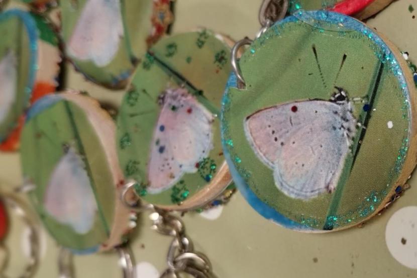circles of wood with butterfly images on them.