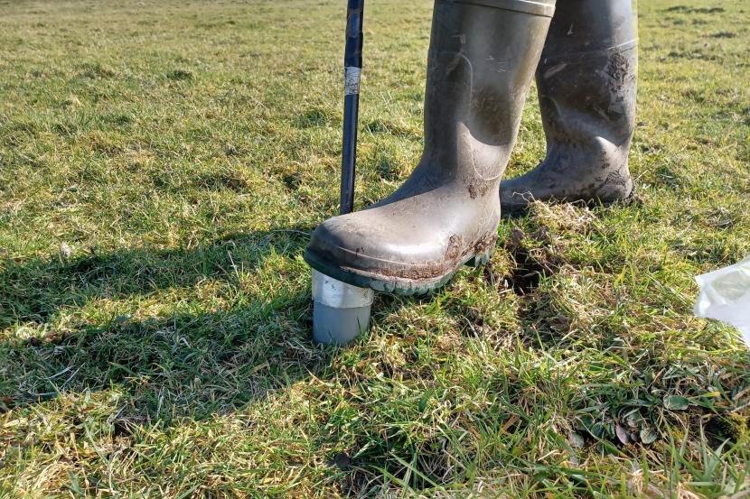 Person wearing wellington boots using a turf cutting tool.