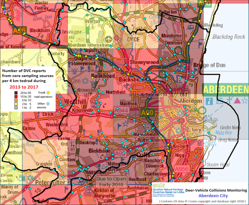 Map of Aberdeen City showing locations of reported DVCs 2013 -2017