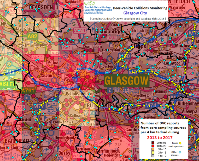 Map of Glasgow City showing locations of reported DVCs 2013 -2017