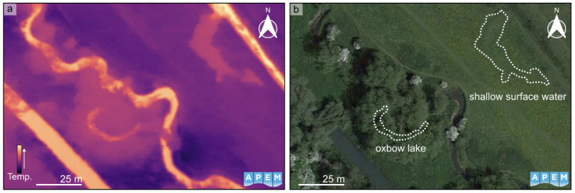 Thermal and colour image of same area containing a stream and canal