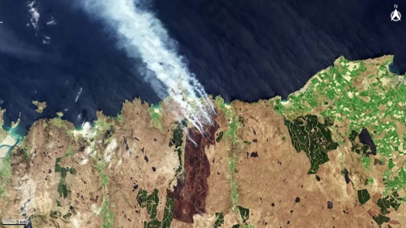 Satellite image of the fires on peat bogs in the Flow Country, Northern Scotland, May 2019.