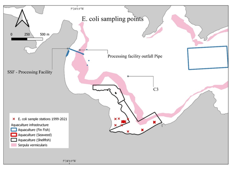 Map of Loch Creran including locations of E.coli sampling stations between 1999 and 2021.