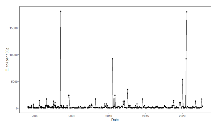 Chart of E.coli counts per 100 g of water. There are two peaks of over 15000 E.coli per 100g between the years of 2000 and 2022.