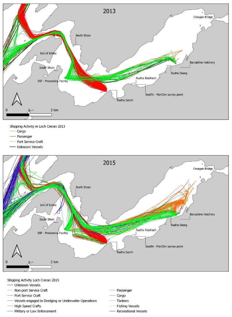 Two maps displaying major shipping activity within Loch Creran. The first map shows 2013 and the second shows 2015. The types of vessels are predominantly cargo vessels, passenger vessels and port service craft.