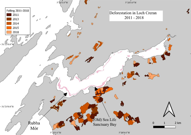 Map of Loch Creran region showing areas of felling between 2011 and 2018. The majority of felling is to the south of Loch Creran. 