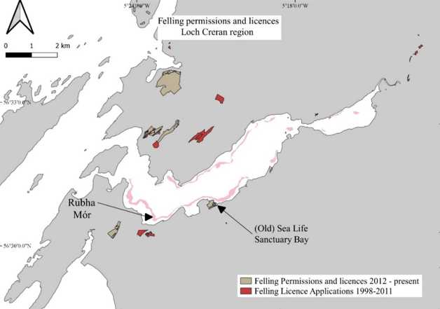 Map of Loch Creran region showing felling permissions and licences. Felling Licence Applications 1998-2011 and Felling Permissions and Licences 2012-present are shown.