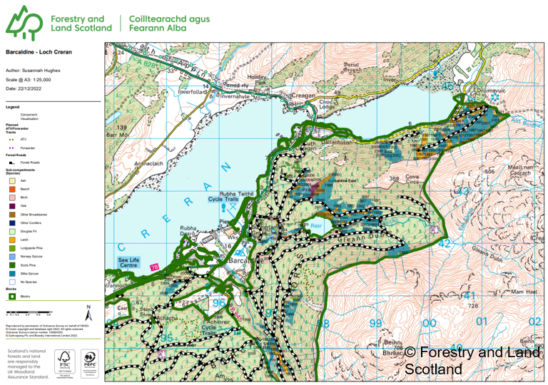 Forestry and Land Scotland map showing areas that have been restocked between 1992 and 2013. Sitka spruce makes up the largest proportion of the species which have been restocked. 