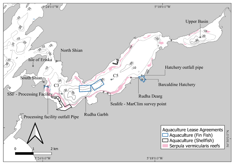 Map of Loch Creran depicting the location of aquaculture agreements for fin fish and shellfish with Crown Estate Scotland (CES) and the location of sample stations and outfall pipes into the Loch.