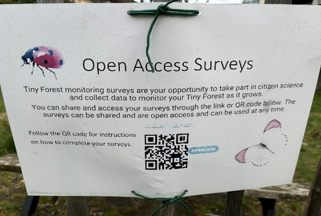 This image has a QR code to lead participants to a website in which they can complete surveys related to the species that are present at the Wee Forest. It is a citizen science link