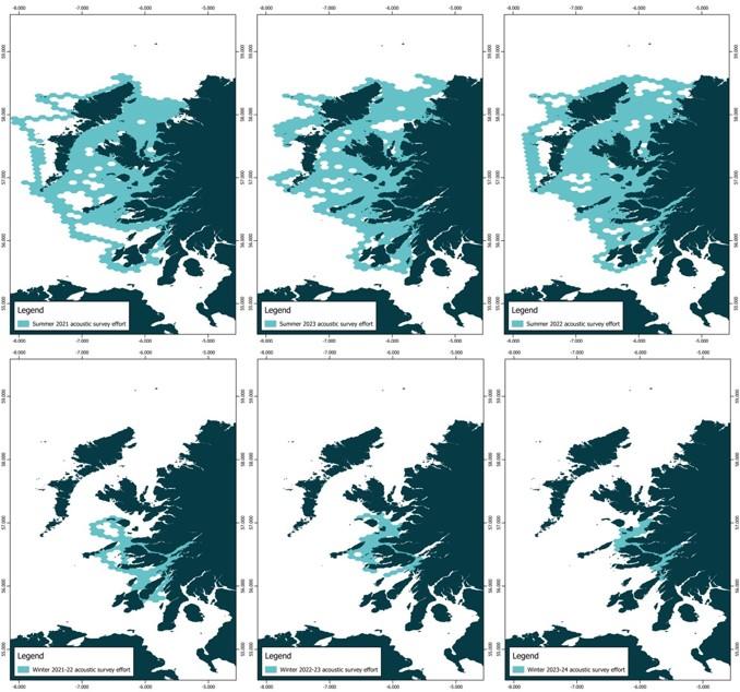 Six maps of the west coast of Scotland with the acoustic survey effort presented on a 50 km2 hexagonal grid, for each survey season and year from April 2021 to March 2024. 