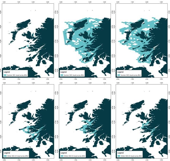 Six maps of the west coast of Scotland with the visual survey effort presented on a 50 km2 hexagonal grid, per research season from April 2021 to March 2024, in sea states 3 or less. 