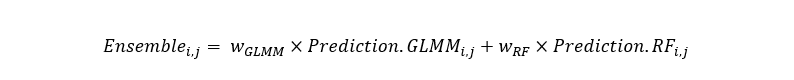 Ensemble predictions at coordinates i and j on the prediction grid are the sum of the products of model predictions by their relative weights at these coordinates. 