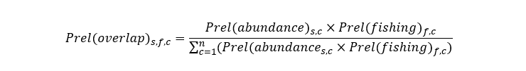 Equation to determine relative overlap in species and fishery distributions within a c-square.
