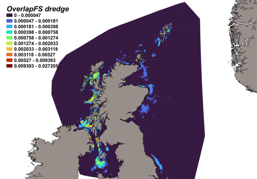 Map of predicted bycatch hotspots - i.e. overlap - between flapper skate distributions and scallop fishery distributions in Scottish waters. Degree of overlap is represented by a colour ramp.