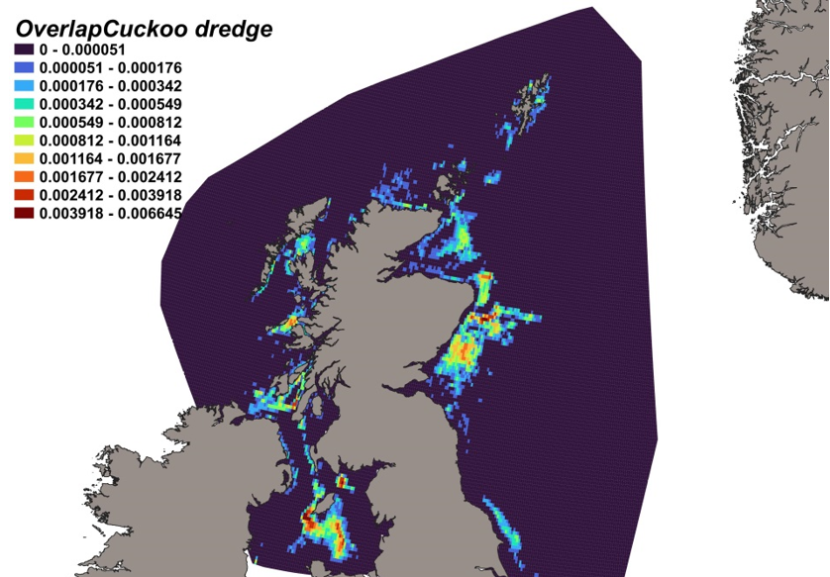 Map of predicted bycatch hotspots - i.e. overlap - between cuckoo ray distributions and scallop fishery distributions in Scottish waters. Degree of overlap is represented by a colour ramp.