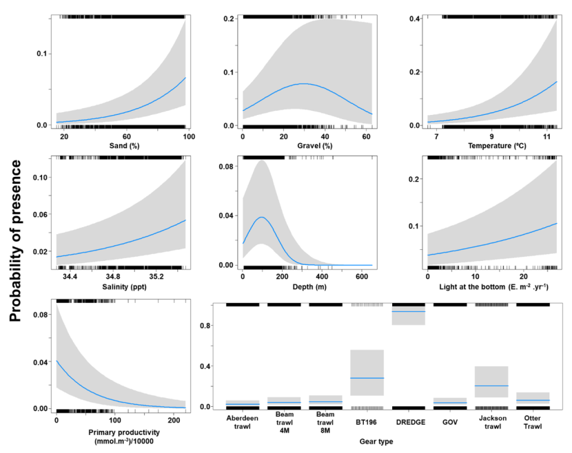 A panel of eight charts depicting the relationship between probability of spotted ray presence and environmental variables – represented by seven line charts - and fishing gear type - represented by a histogram.  Shaded areas around the fitted lines represent confidence intervals.