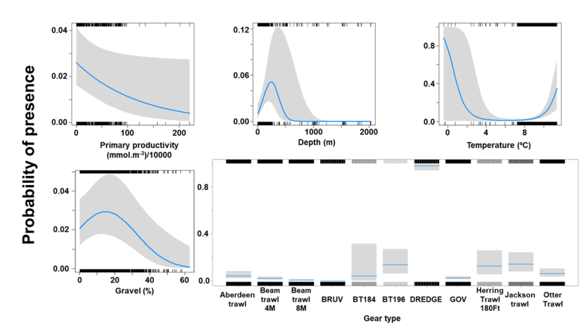 A panel of five charts of the relationship between probability of thornback ray presence and environmental variables – represented by four line charts - and fishing gear type - represented by a histogram.  Shaded areas around the fitted lines represent confidence intervals.