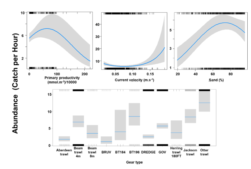 A panel of four charts of the relationship between thornback ray abundance and environmental variables – represented by three line charts - and fishing gear type - represented by a histogram.  Shaded areas around the fitted lines represent confidence intervals. 