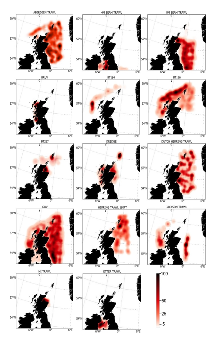 Multiple heatmaps of fishing distributions by gear type in Scottish waters between 1980 and 2022. 