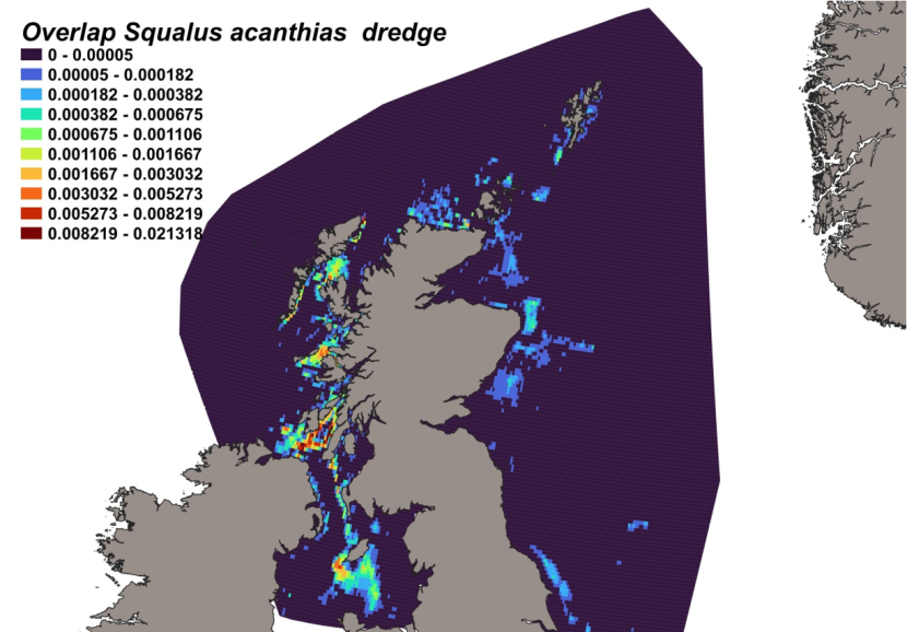 Map of predicted bycatch hotspots - i.e. overlap - between spurdog distributions and scallop fishery distributions in Scottish waters. Degree of overlap is represented by a colour ramp.