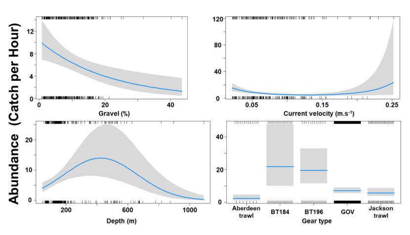 A panel of four charts of the relationship between blackmouth dogfish abundance and environmental variables – represented by three line charts - and fishing gear type - represented by a histogram.  Shaded areas around the fitted lines represent confidence intervals. 