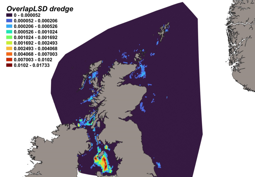 Map of predicted bycatch hotspots - i.e. overlap - between lesser spotted dogfish distributions and scallop fishery distributions in Scottish waters. Degree of overlap is represented by a colour ramp.