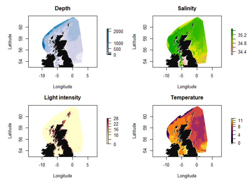 A panel of four individual maps showing the variation – represented by a gradient in colour shading - of depth, salinity, light intensity and water temperature in Scottish waters.