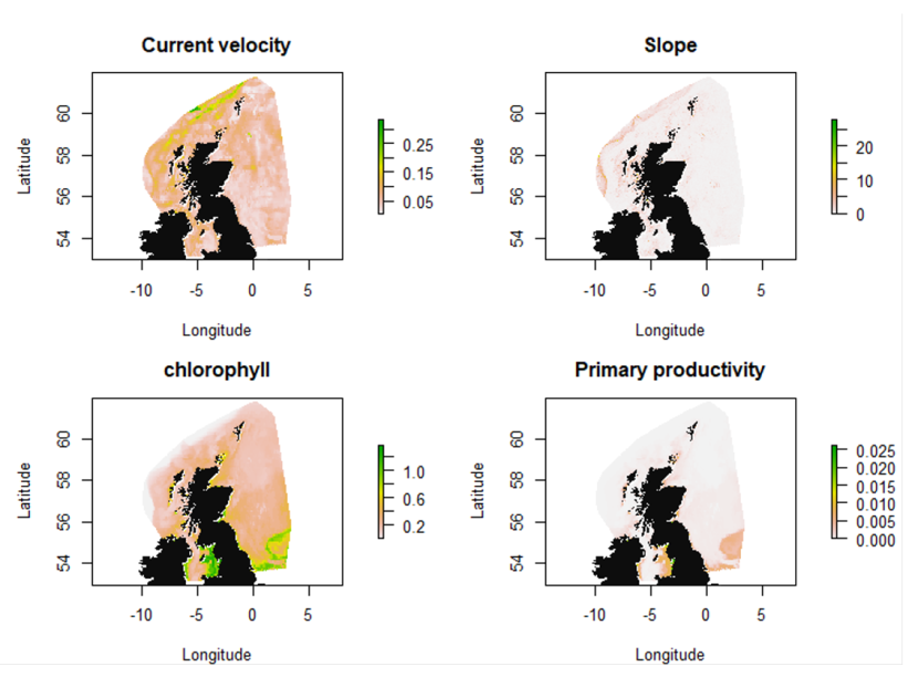 A panel of four individual maps showing the variation – represented by a gradient in colour shading - of percentage gravel, percentage sand and percentage silt in sediments within Scottish waters.