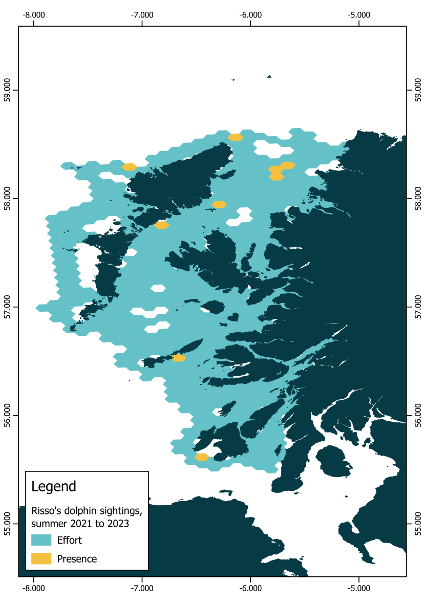 Map of the west coast of Scotland with the presence of Risso’s dolphin (Grampus griseus) in all sea states presented on a 50 km2 hexagonal grid in summer 2021-2023.