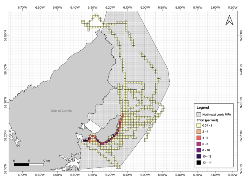 Map of north-east Lewis MPA showing squares of search effort