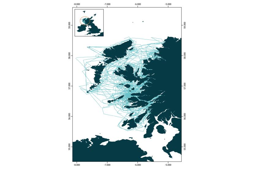 Map of the west coast of Scotland with the survey transect lines recorded during visual and/or acoustic surveys from April 2021 to March 2024. 