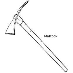 Diagram of a mattock - quite like a pick - with a long handle and a piece of metal at the top, with a point at one end and a flat edge at the other.