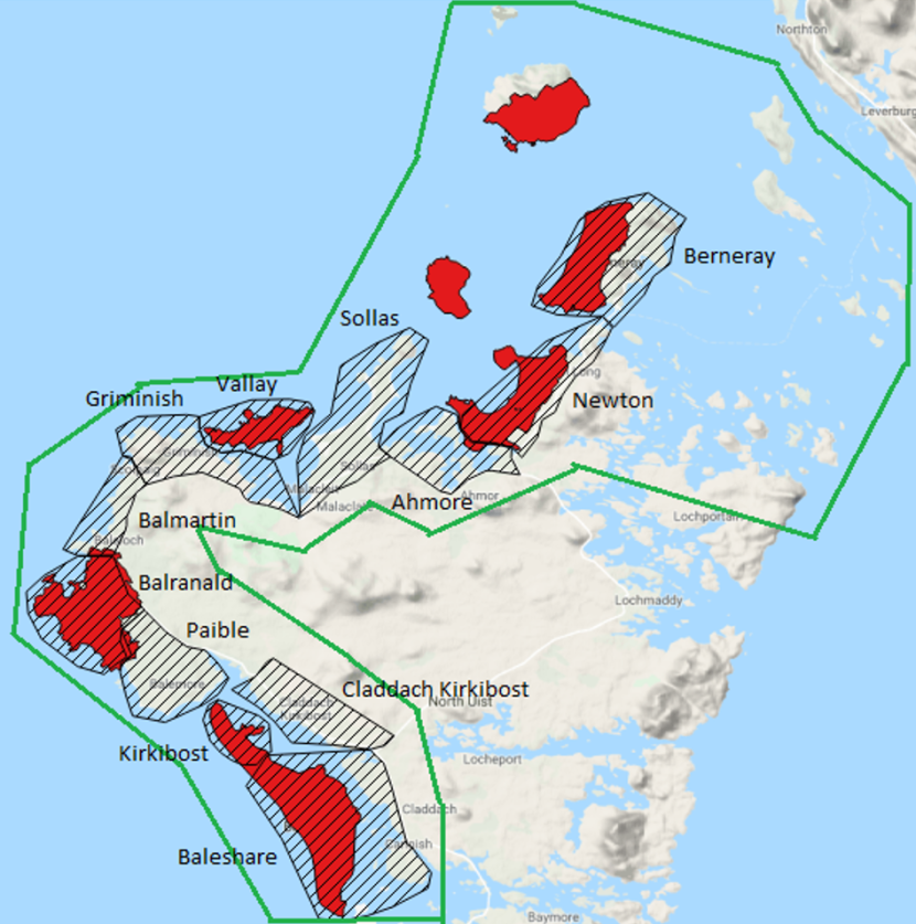 Map of Greenland barnacle goose count areas and the SPA on Uist