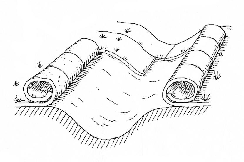 Diagram showing turf peeled back during the construction of a turf lined ditch. As described in section 2.2 of the Upland Pathwork Manual.