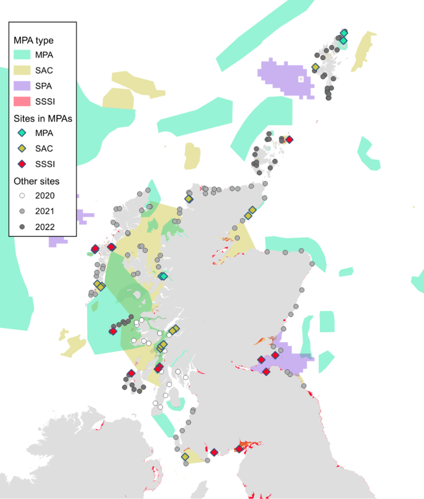 A map of Scotland, including the Outer Hebrides, Shetland and Orkney. Dots on the map represent study sites and the MPA network is also mapped.