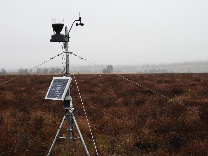 A brown bog landscape with trees in the background and a small white tower with attached instrumentation and a solar panel in the foreground.